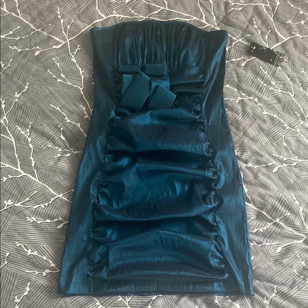 Jacquard Metallic Like Teal Strapless Mini Dress